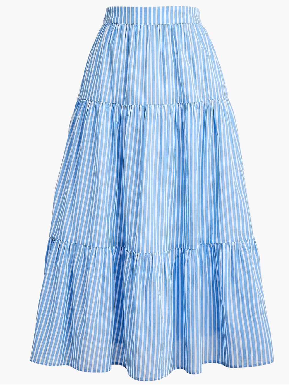 J. Crew Cottage Core Blue and White Striped Tiered Ruffled Midi Skirt Small